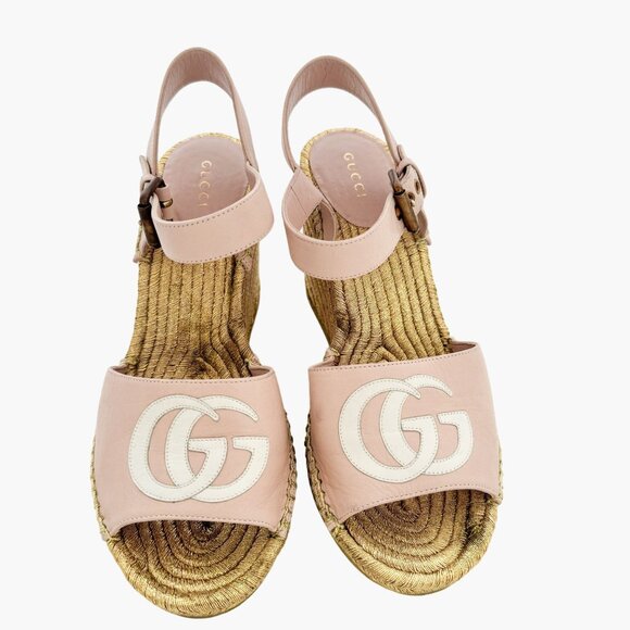 Gucci Flor GG Espadrille Wedge Sandals EU 39.5 US 9.5 Pink Gold Platform Heel - Picture 2 of 11